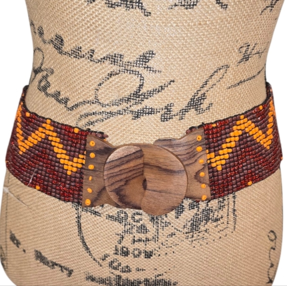 Handcrafted Beaded Belt with Wooden Buckle Tribal Chevron Small Medium New
